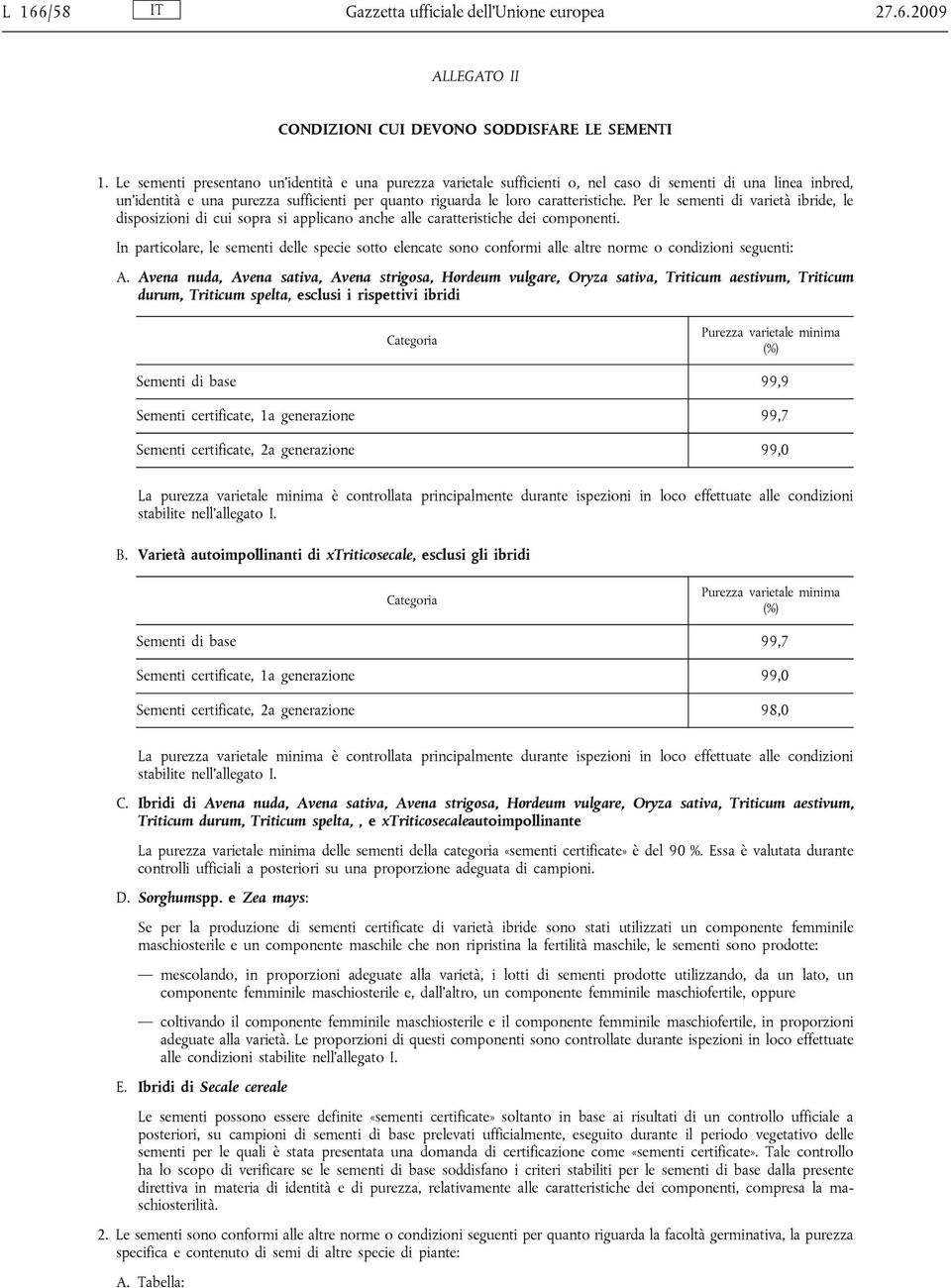 Per le sementi di varietà ibride, le disposizioni di cui sopra si applicano anche alle caratteristiche dei componenti.