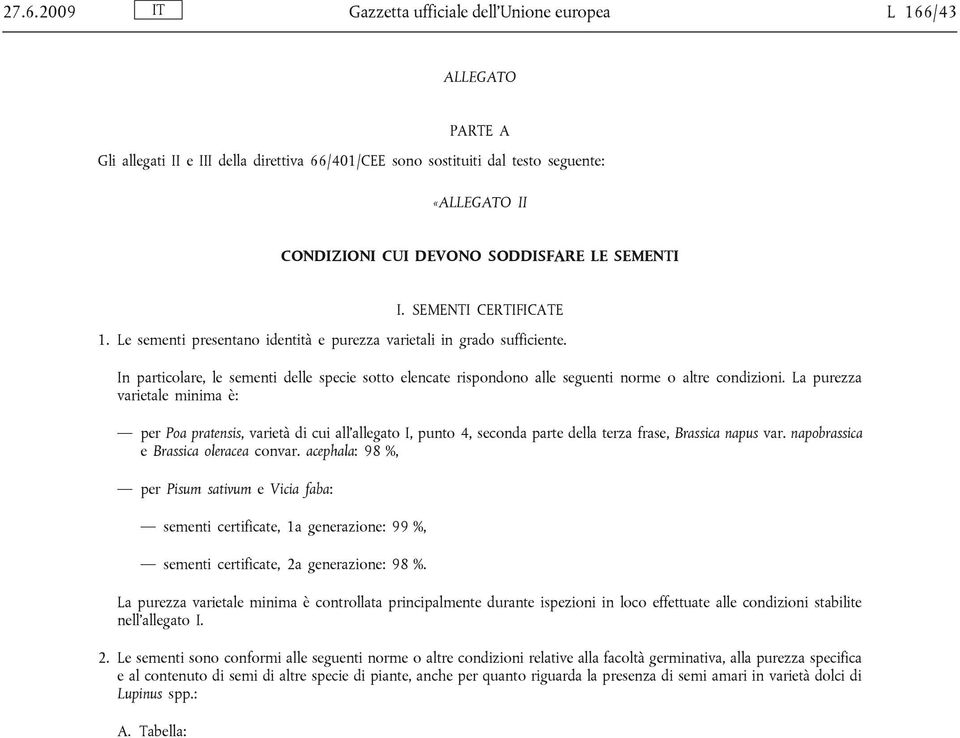 In particolare, le sementi delle specie sotto elencate rispondono alle seguenti norme o altre condizioni.