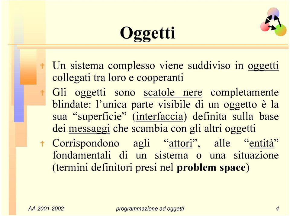 definita sulla base dei messaggi che scambia con gli altri oggetti Corrispondono agli attori, alle entità