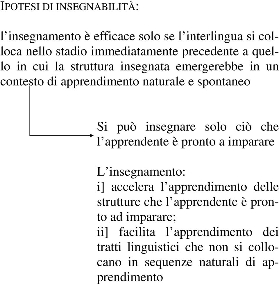 ciò che l apprendente è pronto a imparare L insegnamento: i] accelera l apprendimento delle strutture che l apprendente è