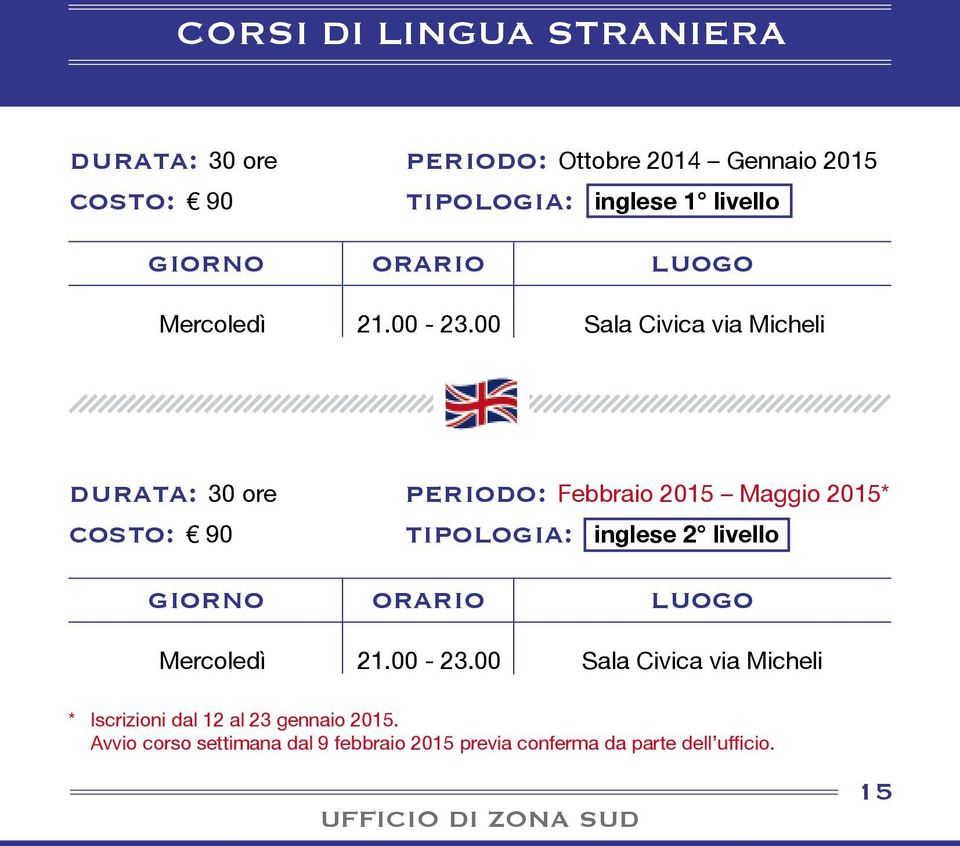 00 Sala Civica via Micheli durata: 30 ore periodo: Febbraio 2015 Maggio 2015* tipologia: inglese 2