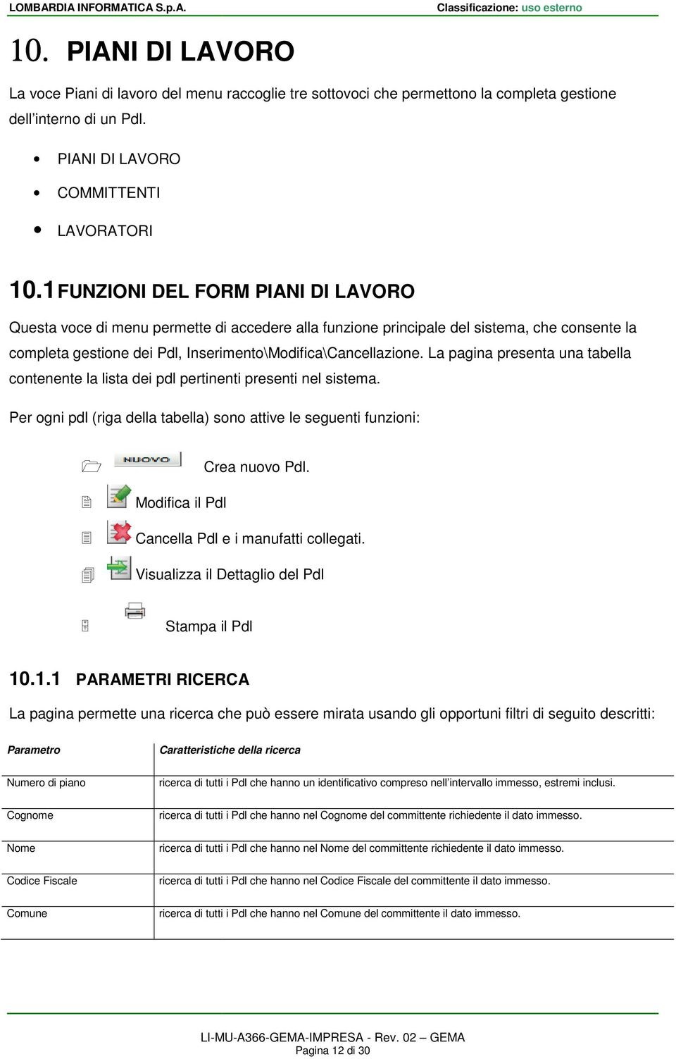 1 FUNZIONI DEL FORM PIANI DI LAVORO Questa voce di menu permette di accedere alla funzione principale del sistema, che consente la completa gestione dei Pdl, Inserimento\Modifica\Cancellazione.