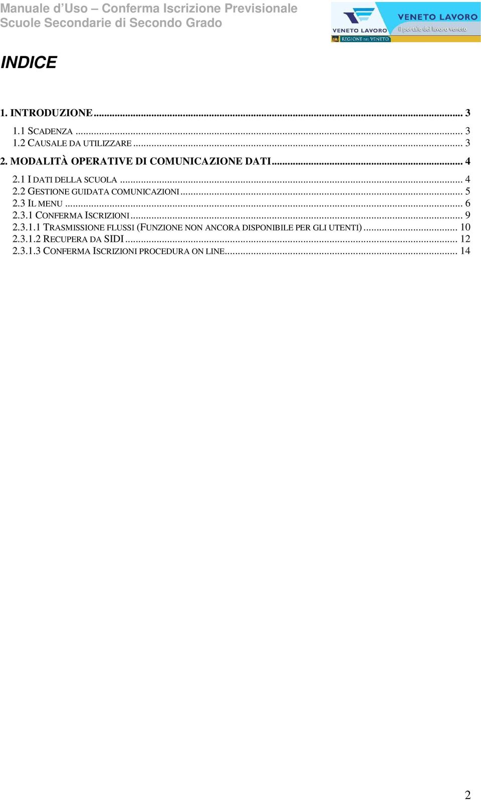 .. 5 2.3 IL MENU... 6 2.3.1 CONFERMA ISCRIZIONI... 9 2.3.1.1 TRASMISSIONE FLUSSI (FUNZIONE NON ANCORA DISPONIBILE PER GLI UTENTI).