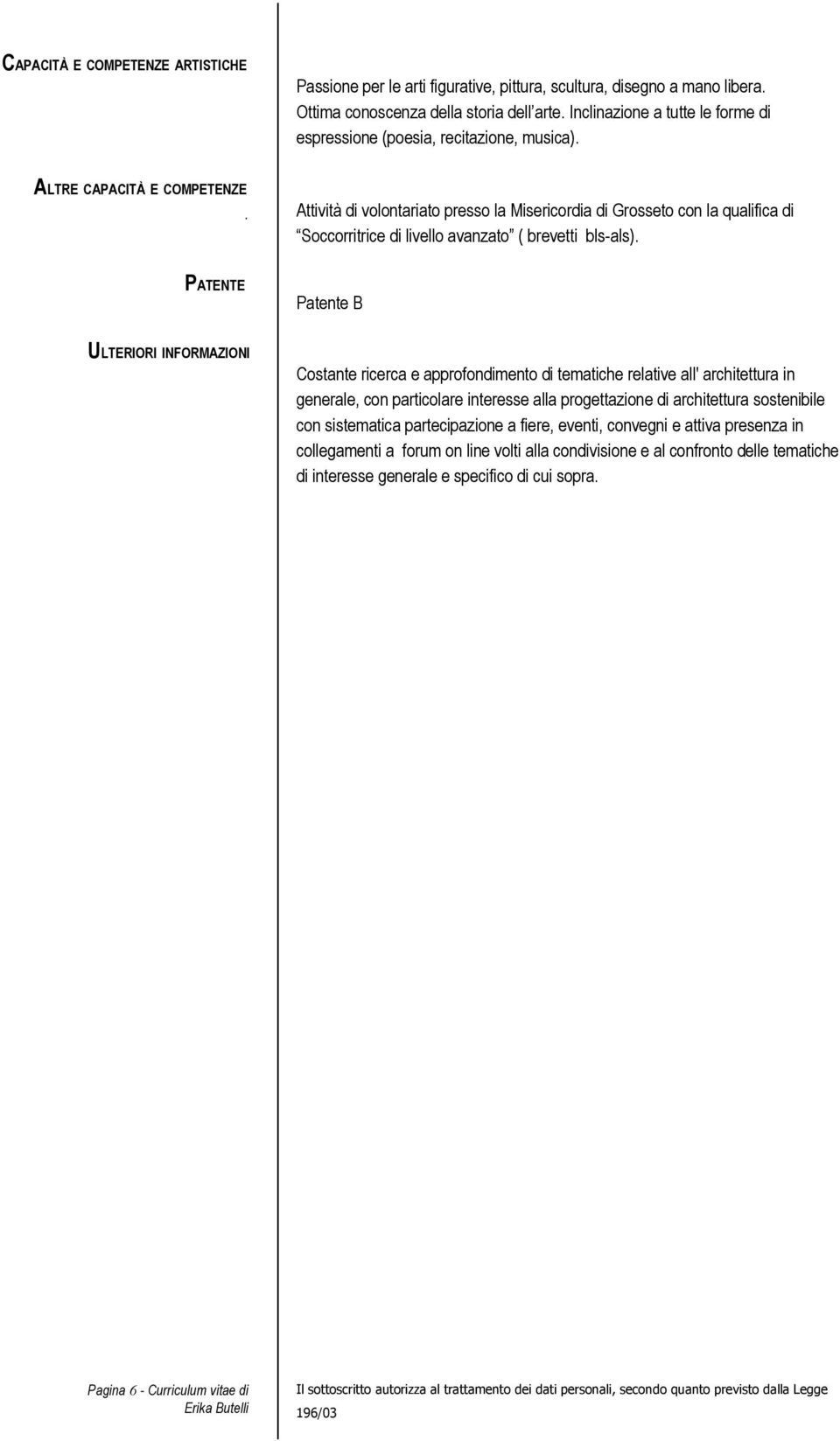 Attività di volontariato presso la Misericordia di Grosseto con la qualifica di Soccorritrice di livello avanzato ( brevetti bls-als).