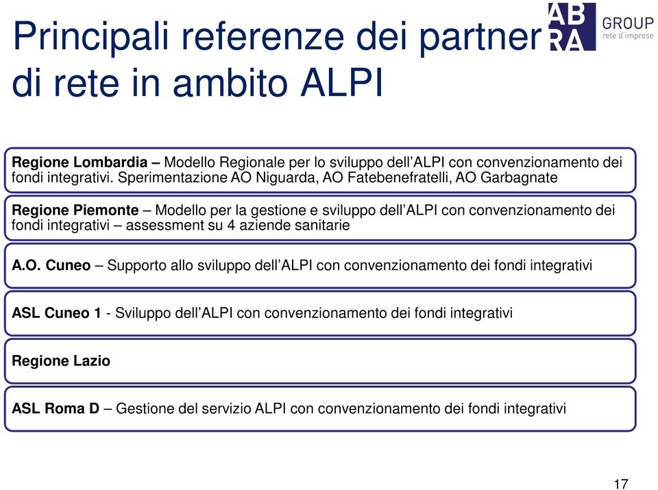 Sperimentazione AO Niguarda, AO Fatebenefratelli, AO Garbagnate Regione Piemonte Modello per la gestione e sviluppo dell ALPI con convenzionamento dei fondi