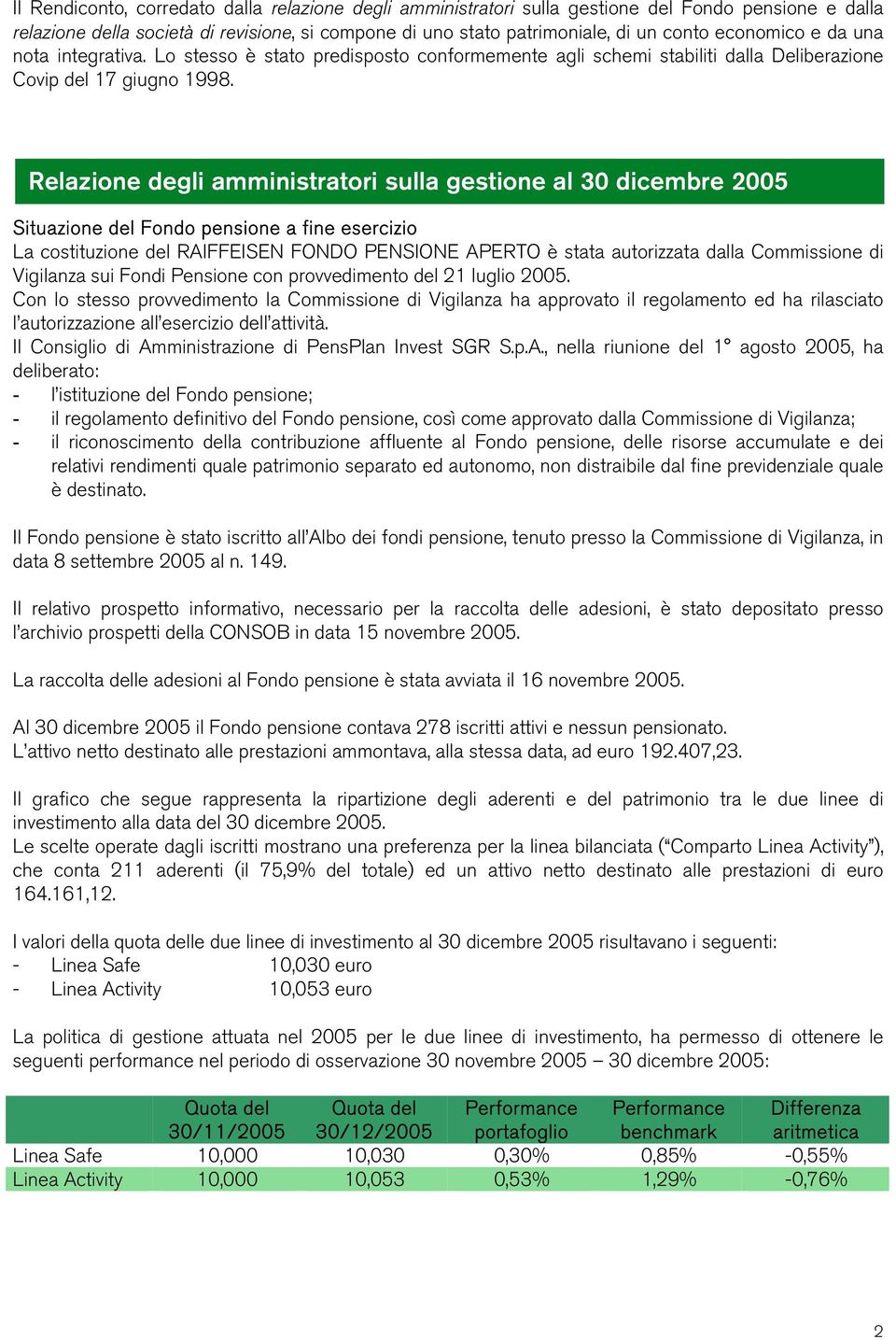 Relazione degli amministratori sulla gestione al 30 dicembre 2005 Situazione del Fondo pensione a fine esercizio La costituzione del RAIFFEISEN FONDO PENSIONE APERTO è stata autorizzata dalla