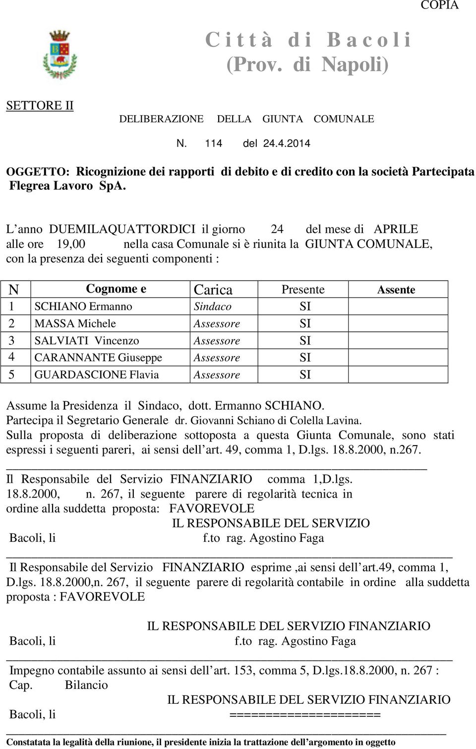 L anno DUEMILAQUATTORDICI il giorno 24 del mese di APRILE alle ore 19,00 nella casa Comunale si è riunita la GIUNTA COMUNALE, con la presenza dei seguenti componenti : N Cognome e Carica Presente