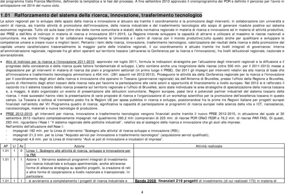 01 Rafforzamento del sistema della ricerca, innovazione, trasferimento tecnologico Le azioni regionali per lo sviluppo dello spazio della ricerca e innovazione si attuano sia tramite il coordinamento