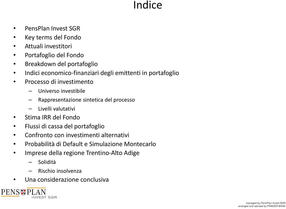 processo Livelli valutativi Stima IRR del Fondo Flussi di cassa del portafoglio Confronto con investimenti alternativi