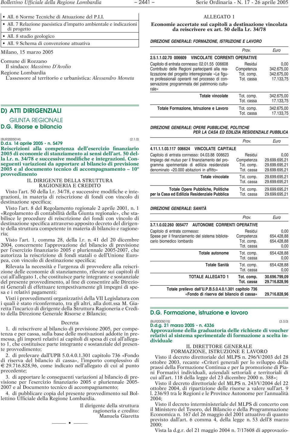 DIRIGENZIALI GIUNTA REGIONALE D.G. Risorse e bilancio [BUR2005014] [2.1.0] D.d.s. 14 aprile 2005 - n.