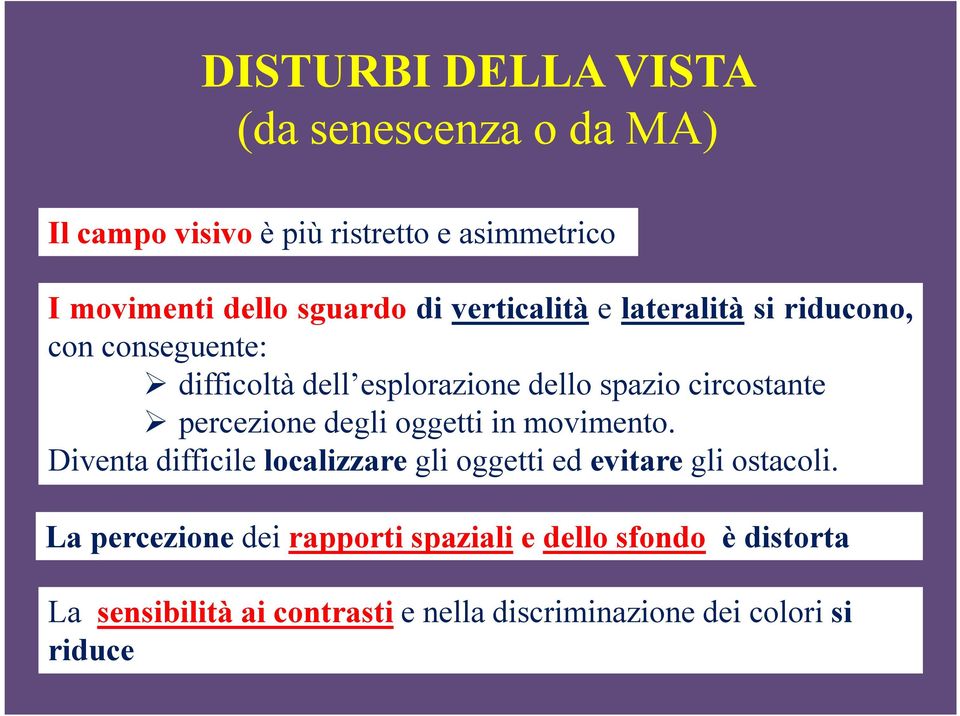 percezione degli oggetti in movimento. Diventa difficile localizzare gli oggetti ed evitare gli ostacoli.