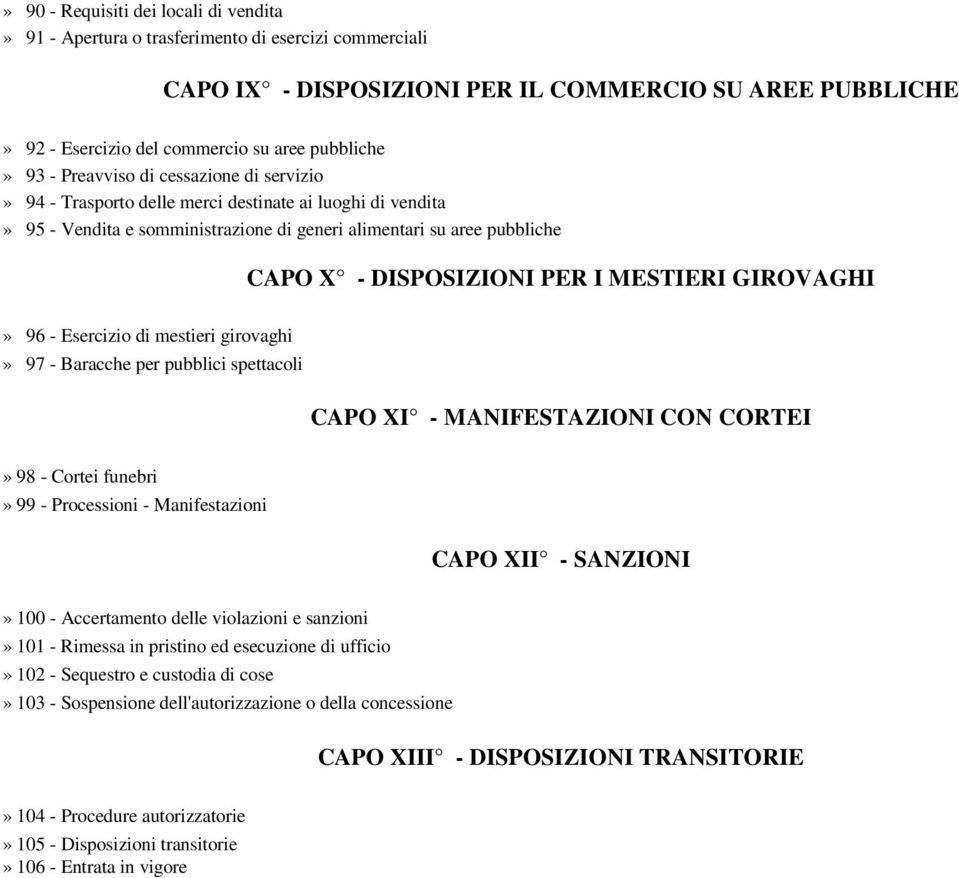 DISPOSIZIONI PER I MESTIERI GIROVAGHI» 96 - Esercizio di mestieri girovaghi» 97 - Baracche per pubblici spettacoli CAPO XI - MANIFESTAZIONI CON CORTEI» 98 - Cortei funebri» 99 - Processioni -