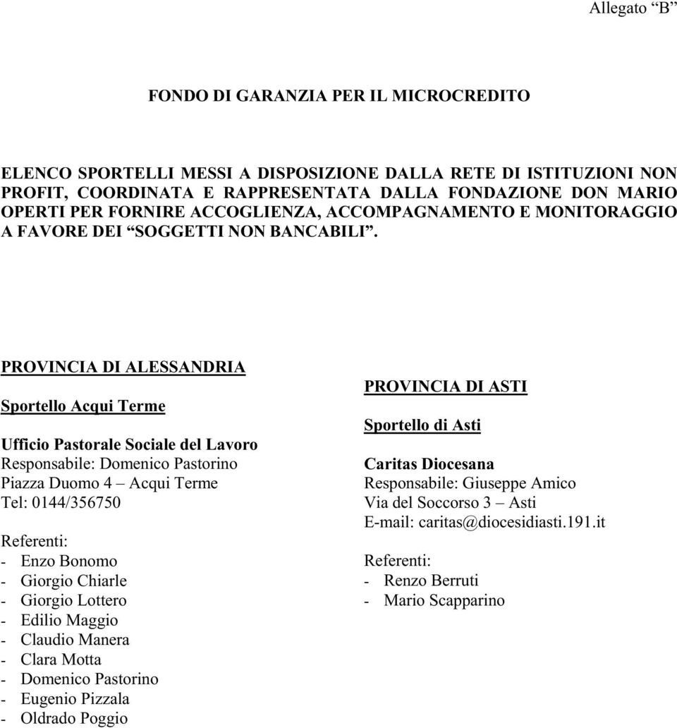 PROVINCIA DI ALESSANDRIA Sportello Acqui Terme Ufficio Pastorale Sociale del Lavoro Responsabile: Domenico Pastorino Piazza Duomo 4 Acqui Terme Tel: 0144/356750 Enzo Bonomo Giorgio