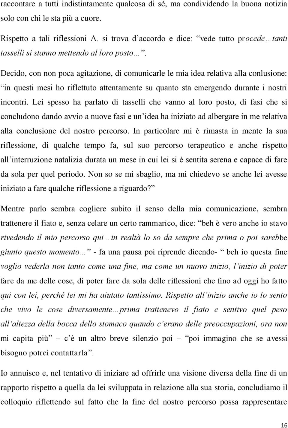 Decido, con non poca agitazione, di comunicarle le mia idea relativa alla conlusione: in questi mesi ho riflettuto attentamente su quanto sta emergendo durante i nostri incontri.