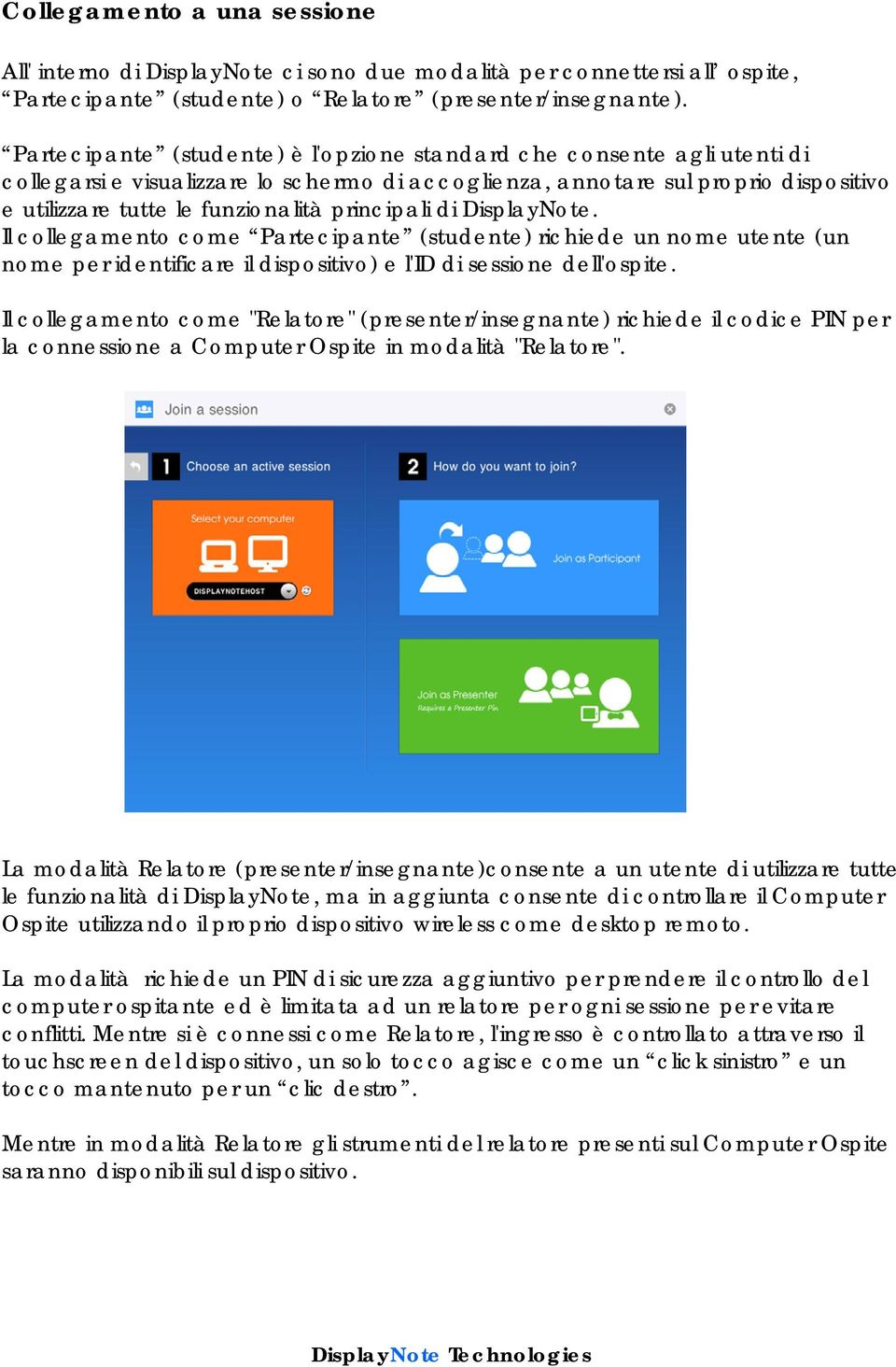 principali di DisplayNote. Il collegamento come Partecipante (studente) richiede un nome utente (un nome per identificare il dispositivo) e l'id di sessione dell'ospite.