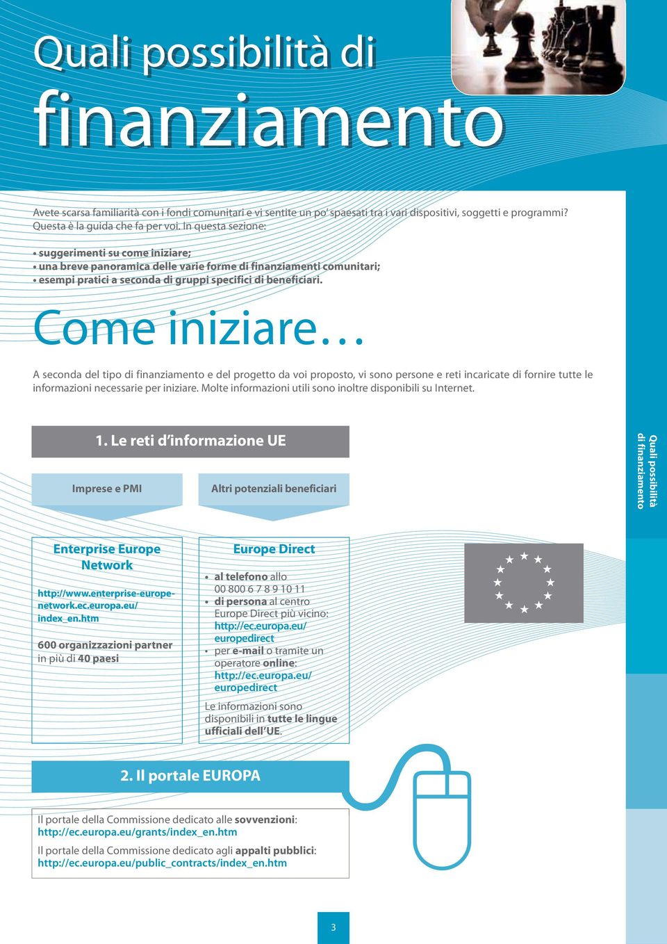 Come iniziare A seconda del tipo di finanziamento e del progetto da voi proposto, vi sono persone e reti incaricate di fornire tutte le informazioni necessarie per iniziare.