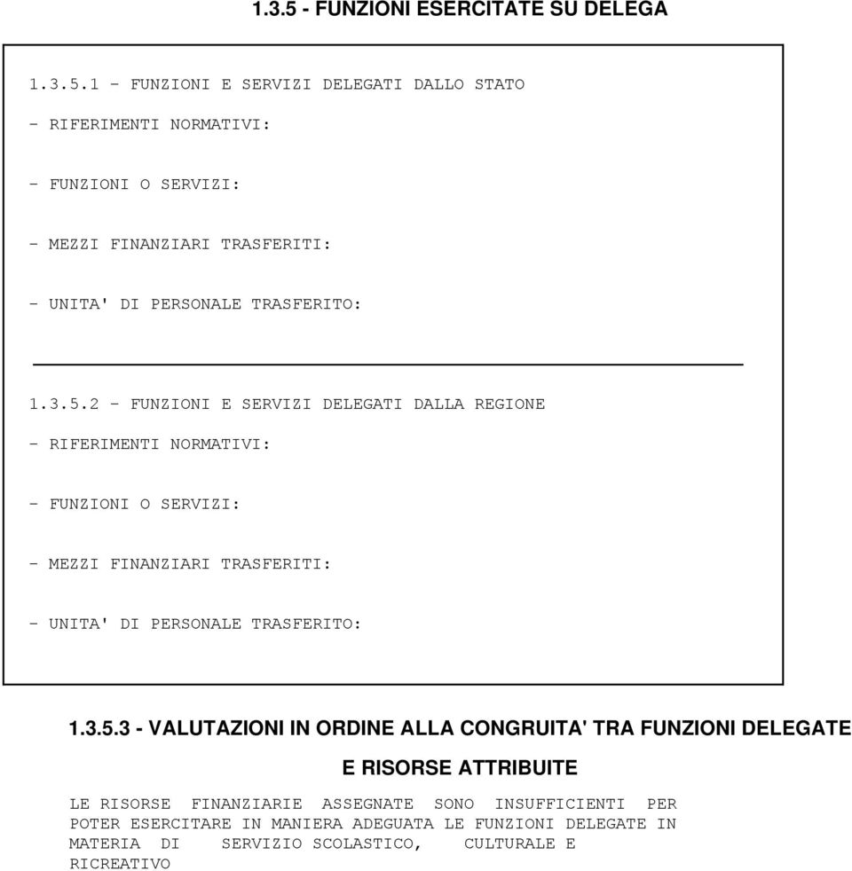 1 - FUNZIONI E SERVIZI DELEGATI DALLO STATO - RIFERIMENTI NORMATIVI: - FUNZIONI O SERVIZI: - MEZZI FINANZIARI TRASFERITI: - UNITA' DI PERSONALE TRASFERITO: