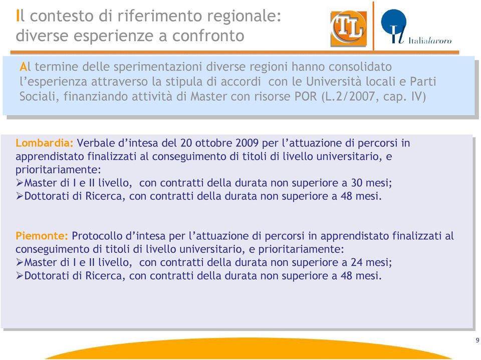 IV) Lombardia: Verbale d intesa del 20 ottobre 2009 per l attuazione di percorsi in apprendistato finalizzati al conseguimento di titoli di livello universitario, e prioritariamente: Master di I e II