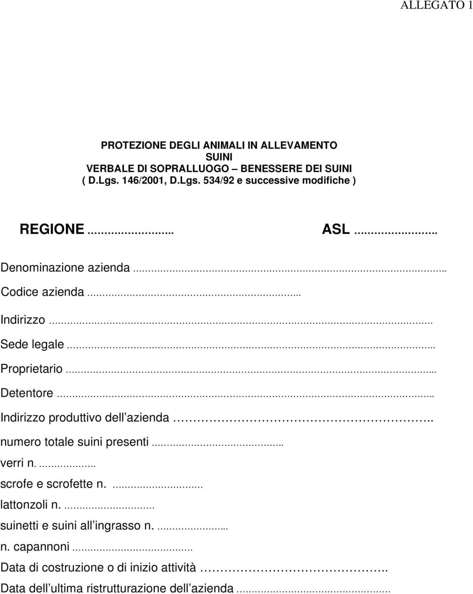 . Proprietario... Detentore.. Indirizzo produttivo dell azienda.. numero totale suini presenti.. verri n.. scrofe e scrofette n.