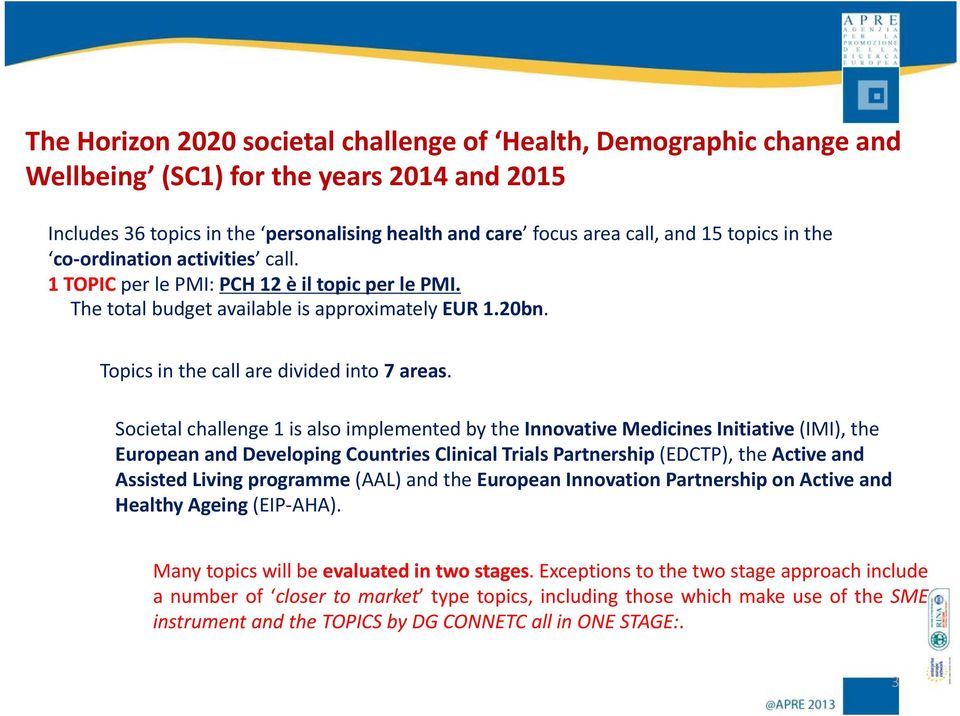 Societal challenge 1 is also implemented by the Innovative Medicines Initiative (IMI), the European and Developing Countries Clinical Trials Partnership (EDCTP), the Active and Assisted Living