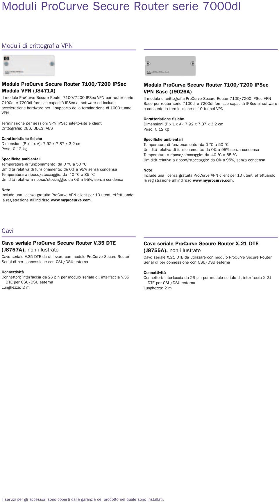 Terminazione per sessioni VPN IPSec site-to-site e client Crittografia: DES, 3DES, AES Dimensioni (P x L x A): 7,92 x 7,87 x 3,2 cm Peso: 0,12 kg Modulo ProCurve Secure Router 7100/7200 IPSec VPN