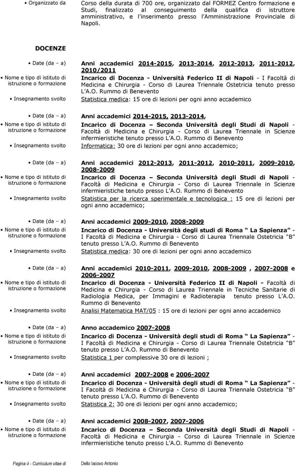 DOCENZE Date (da a) Anni accademici 2014-2015, 2013-2014, 2012-2013, 2011-2012, 2010/2011 Incarico di Docenza - Università Federico II di Napoli - I Facoltà di Medicina e Chirurgia - Corso di Laurea