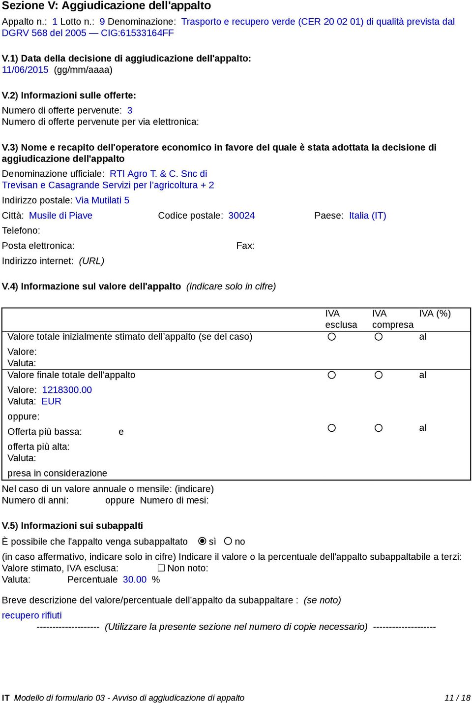 3) Nome e recapito dell'operatore economico in favore del que è stata adottata la decisione di aggiudicazione dell'appto Denominazione ufficie: RTI Agro T. & C.