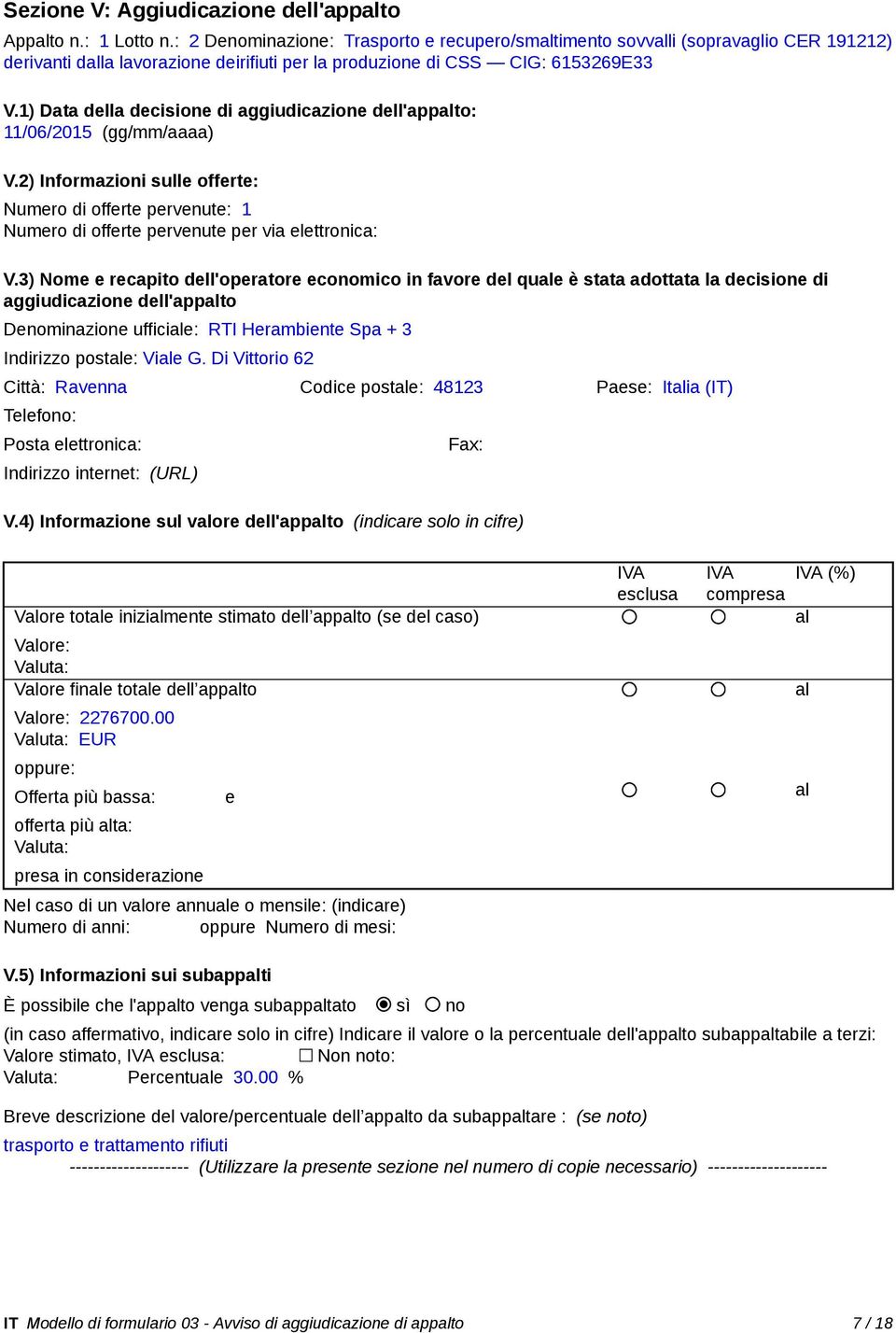 1) Data della decisione di aggiudicazione dell'appto: 11/06/2015 (gg/mm/aaaa) V.2) Informazioni sulle offerte: Numero di offerte pervenute: 1 Numero di offerte pervenute per via elettronica: V.