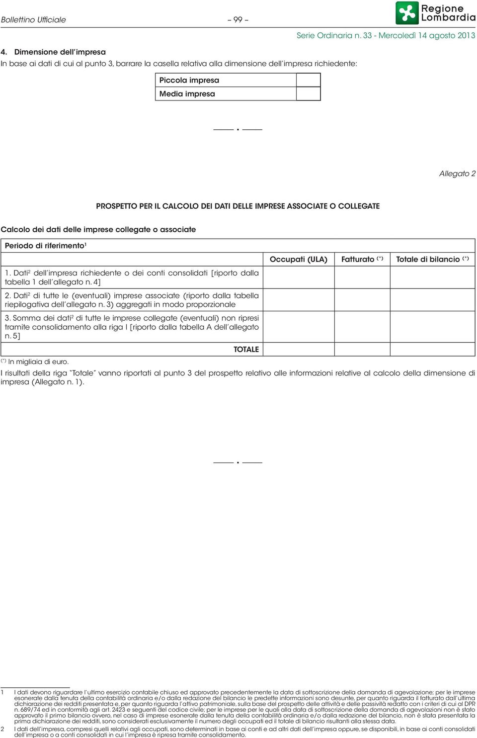 DATI DELLE IMPRESE ASSOCIATE O COLLEGATE Calcolo dei dati delle imprese collegate o associate Periodo di riferimento 1 Occupati (ULA) Fatturato (*) Totale di bilancio (*) 1.