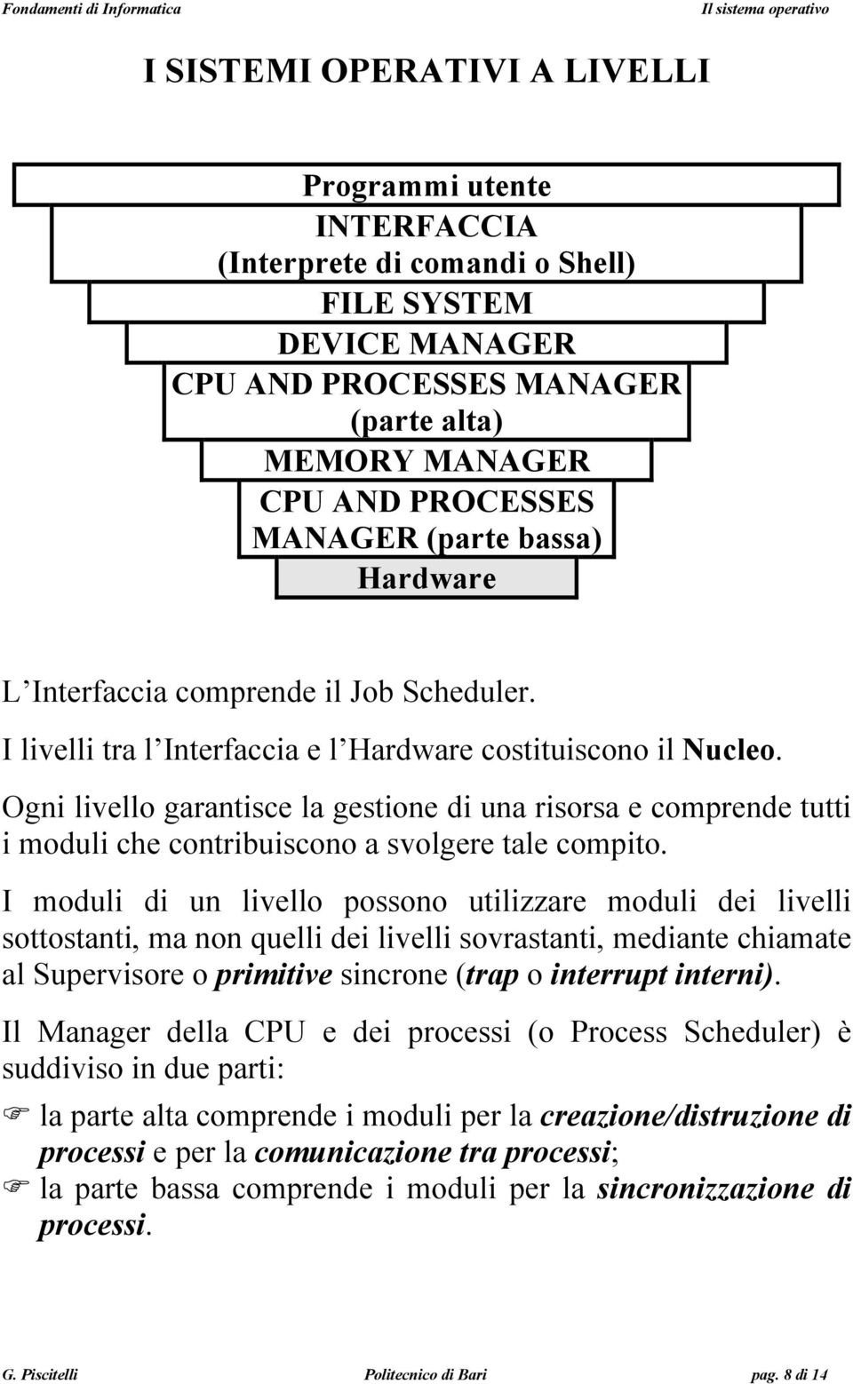 Ogni livello garantisce la gestione di una risorsa e comprende tutti i moduli che contribuiscono a svolgere tale compito.