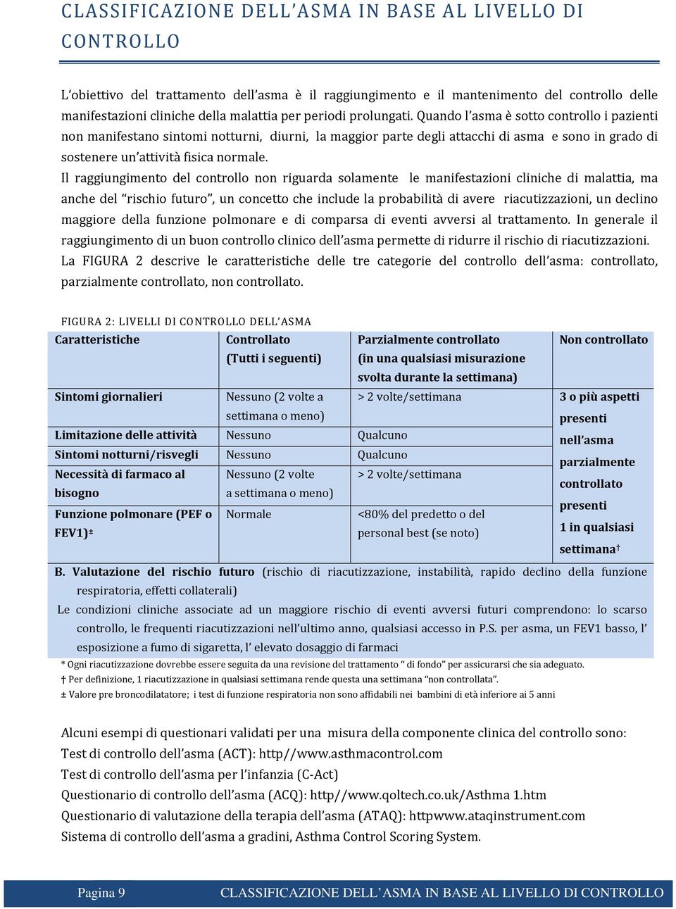 Quando l asma è sotto controllo i pazienti non manifestano sintomi notturni, diurni, la maggior parte degli attacchi di asma e sono in grado di sostenere un attività fisica normale.