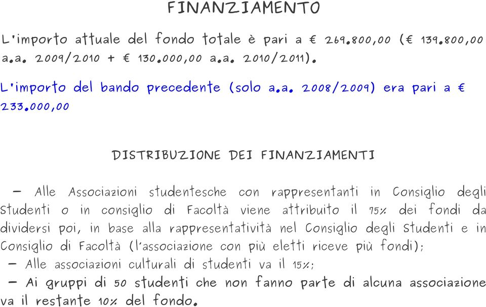 dei fondi da dividersi poi, in base alla rappresentatività nel Consiglio degli Studenti e in Consiglio di Facoltà (l associazione con più eletti riceve più fondi); -