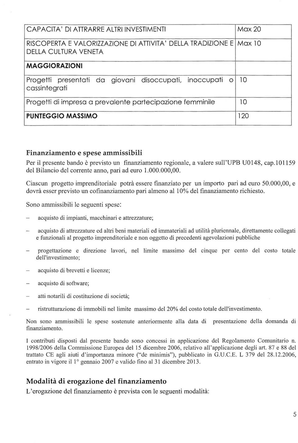 regionale, a valere sull 'UPB UO 148, cap. 1 O 1159 del Bilancio del corrente anno, pari ad euro 1.000.000,00. Ciascun progetto imprenditoriale potrà essere finanziato per un importo pari ad euro 50.