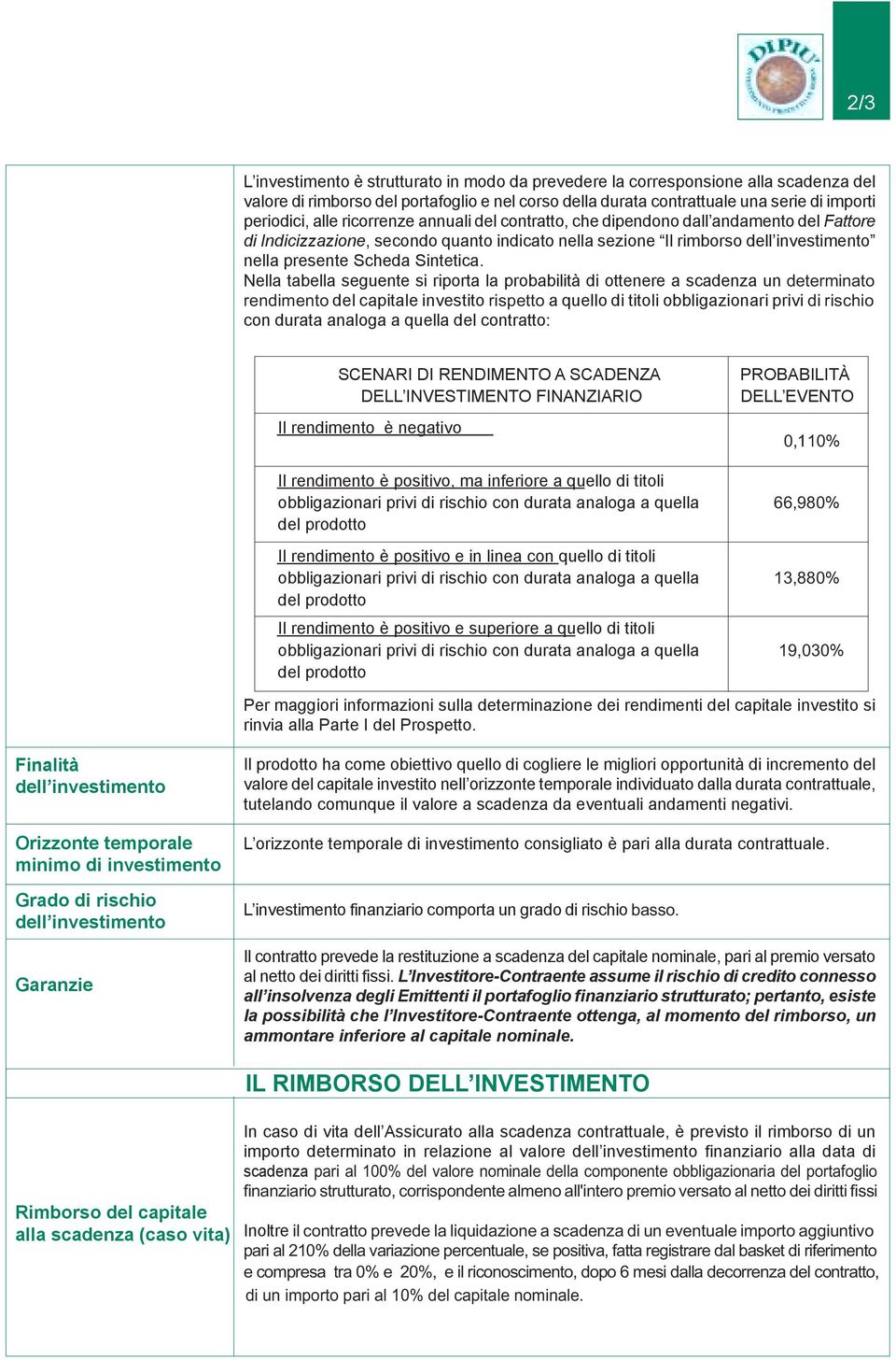 Nella tabella seguente si riporta la probabilità di ottenere a scadenza un determinato rendimento del capitale investito rispetto a quello di titoli obbligazionari privi di rischio con durata analoga