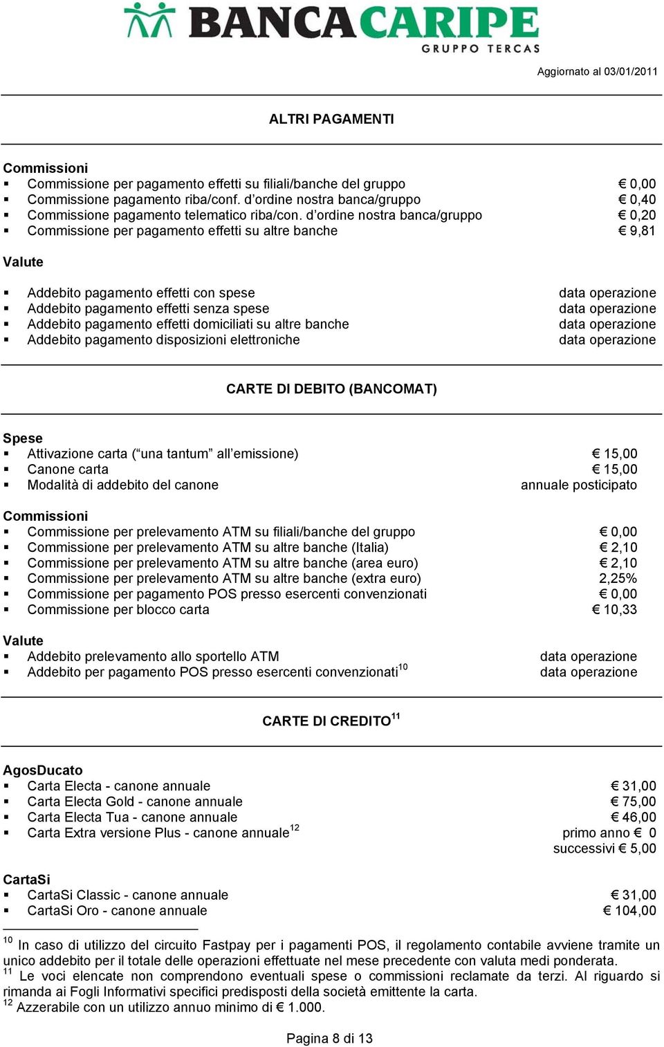 d ordine nostra banca/gruppo 0,20 Commissione per pagamento effetti su altre banche 9,81 Valute Addebito pagamento effetti con spese data operazione Addebito pagamento effetti senza spese data