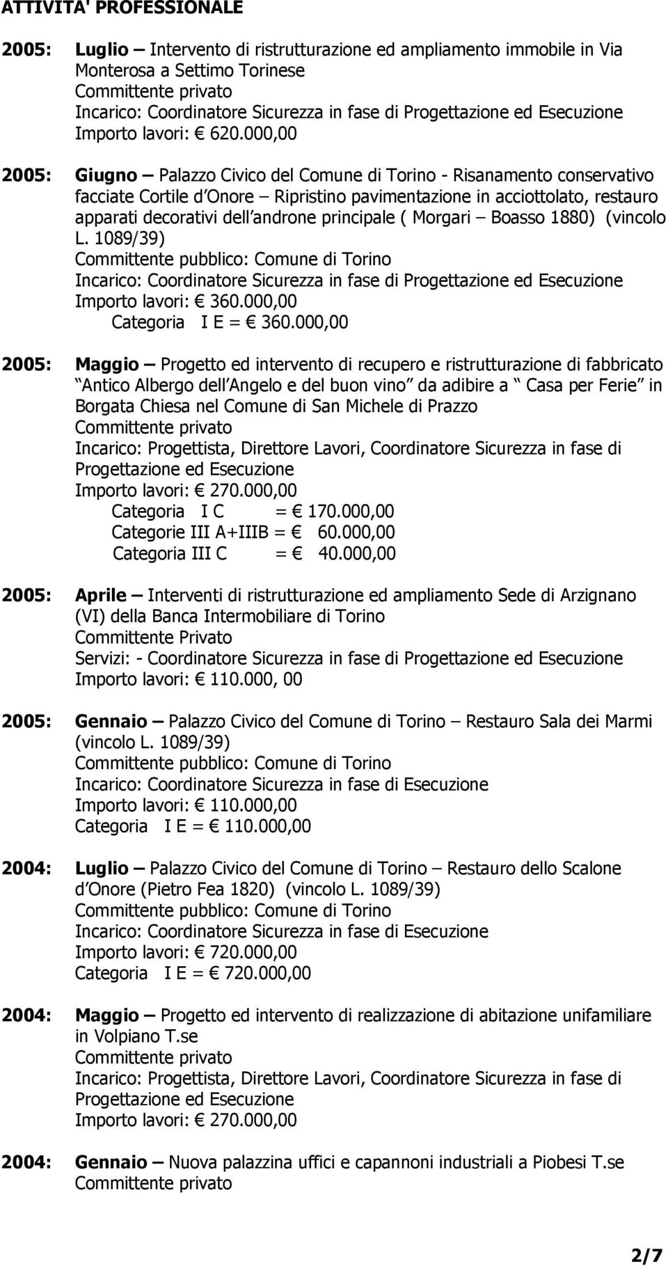 principale ( Morgari Boasso 1880) (vincolo L. 1089/39) Committente pubblico: Comune di Torino Importo lavori: 360.000,00 Categoria I E = 360.