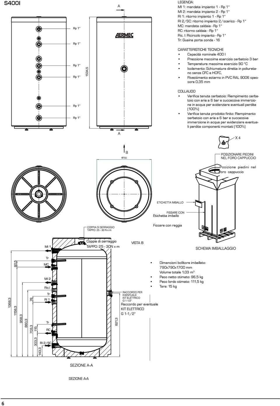 I: Ricircolo impianto - Rp 1" Tr: Guaina porta sonda - 16 CARATTERISTICHE TECNICHE Capacità nominale 400 l Pressione massima esercizio serbatoio 3 bar Temperatura massima esercizio 90 C Isolamento: