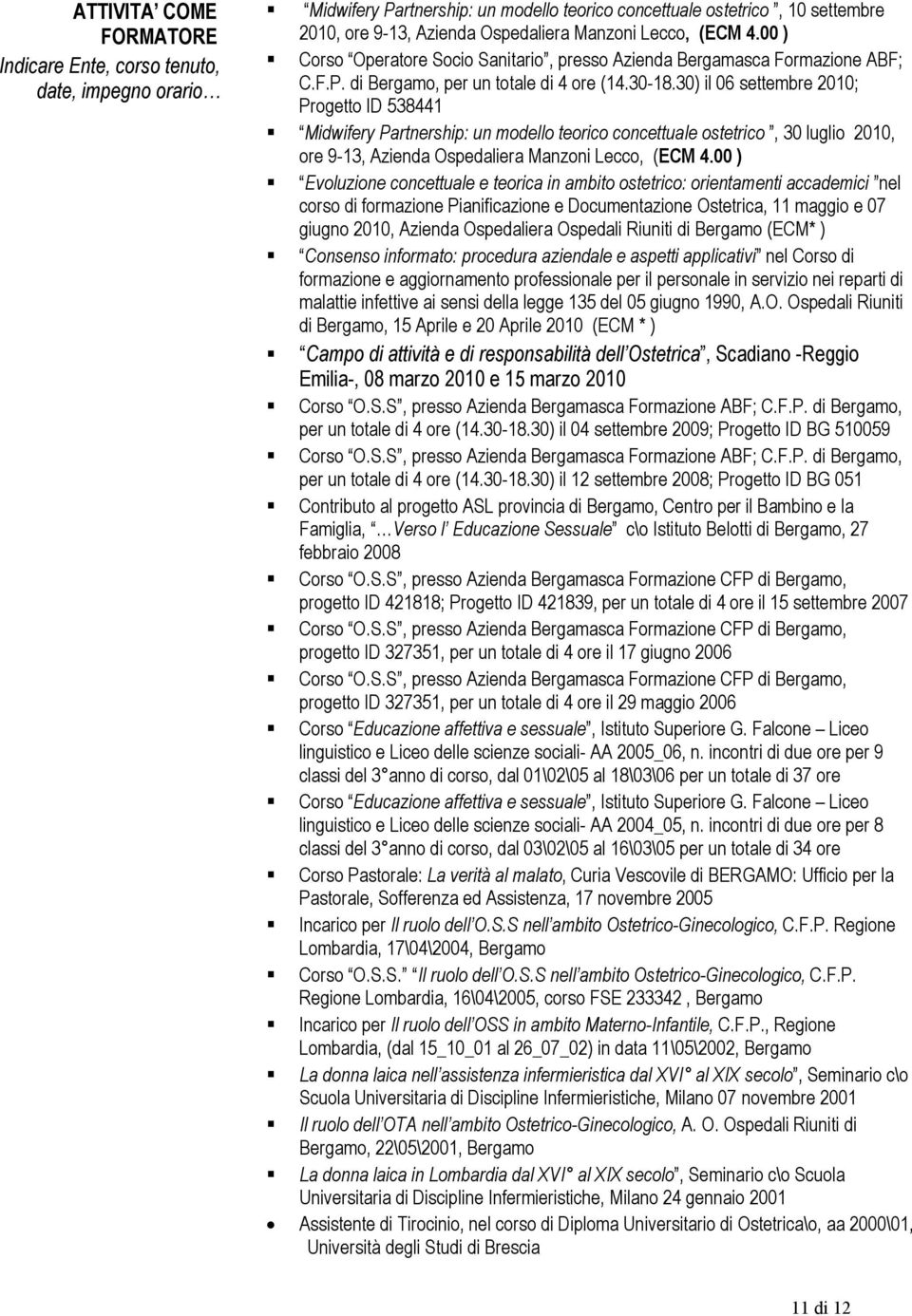 30) il 06 settembre 2010; Progetto ID 538441 Midwifery Partnership: un modello teorico concettuale ostetrico, 30 luglio 2010, ore 9-13, Azienda Ospedaliera Manzoni Lecco, (ECM 4.
