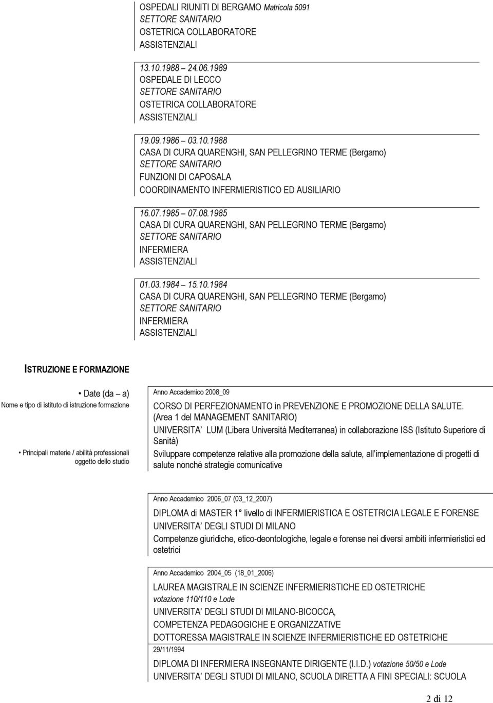 1988 CASA DI CURA QUARENGHI, SAN PELLEGRINO TERME () FUNZIONI DI CAPOSALA COORDINAMENTO INFERMIERISTICO ED AUSILIARIO 16.07.1985 07.08.