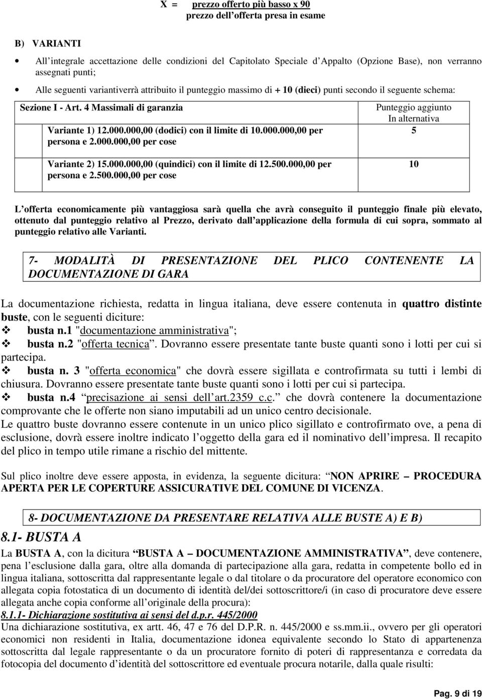 000,00 (dodici) con il limite di 10.000.000,00 per persona e 2.000.000,00 per cose Punteggio aggiunto In alternativa 5 Variante 2) 15.000.000,00 (quindici) con il limite di 12.500.