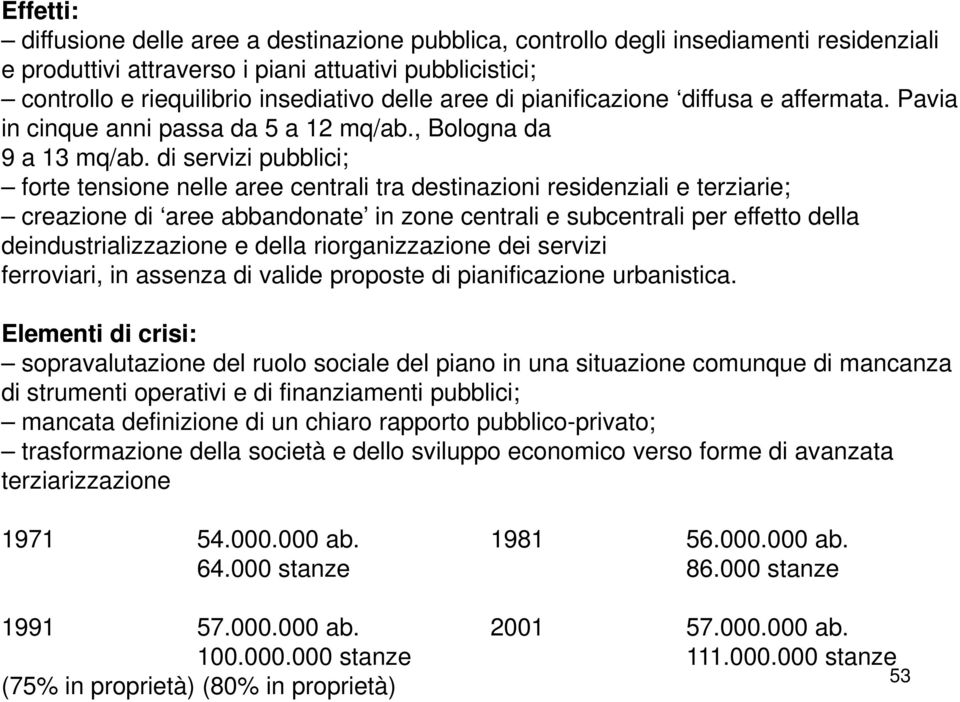 di servizi pubblici; forte tensione nelle aree centrali tra destinazioni residenziali e terziarie; creazione di aree abbandonate in zone centrali e subcentrali per effetto della deindustrializzazione