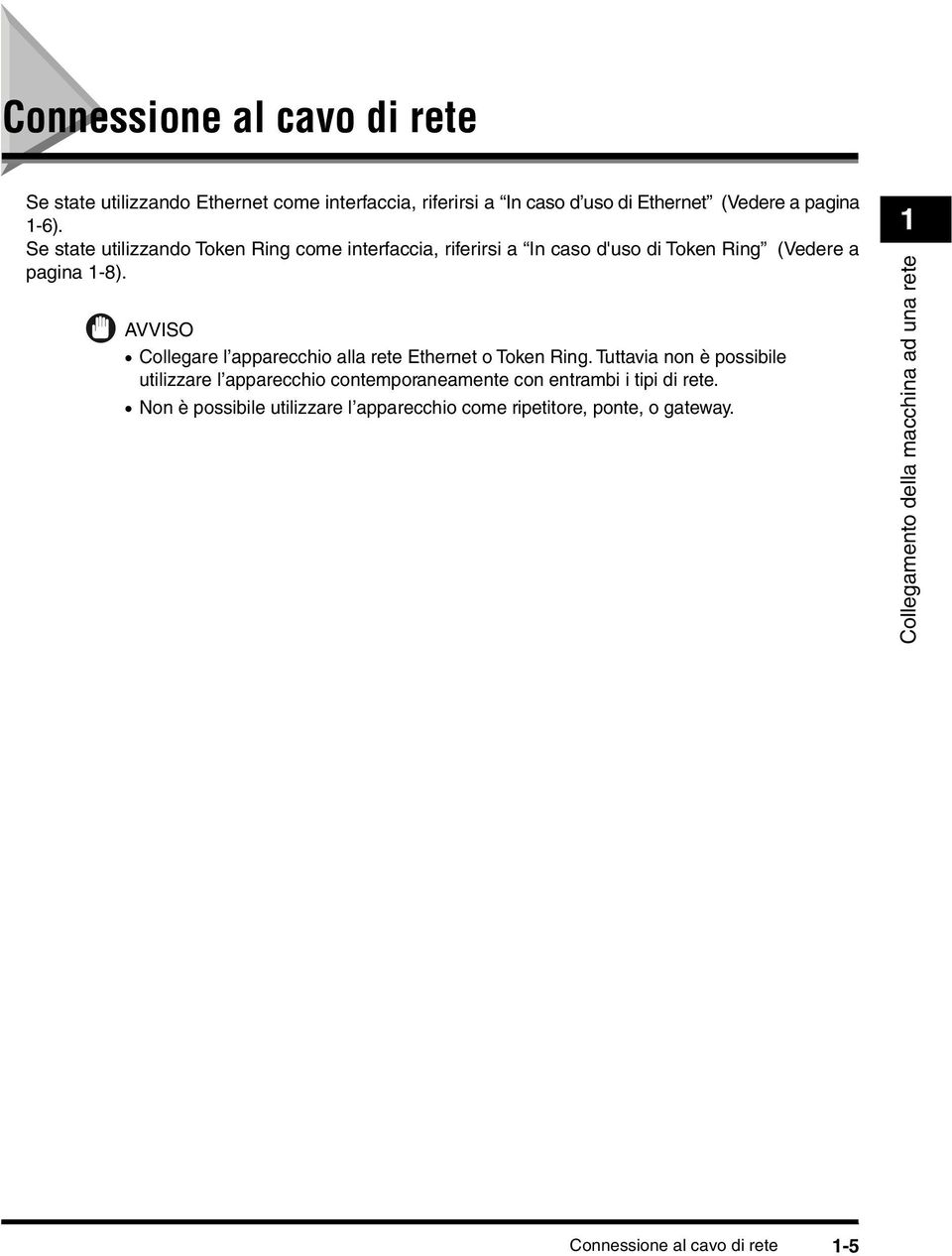 AVVISO Collegare l apparecchio alla rete Ethernet o Token Ring.