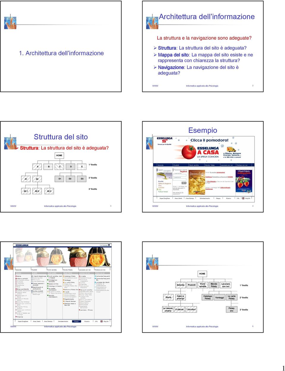 WWW Informatica applicata alla Psicologia 2 Struttura del sito Struttura: La struttura del sito è adeguata? Esempio A B C D E 1 livello A1 A2 D1 D2 D3 2 livello A2.1 A2.2 A2.