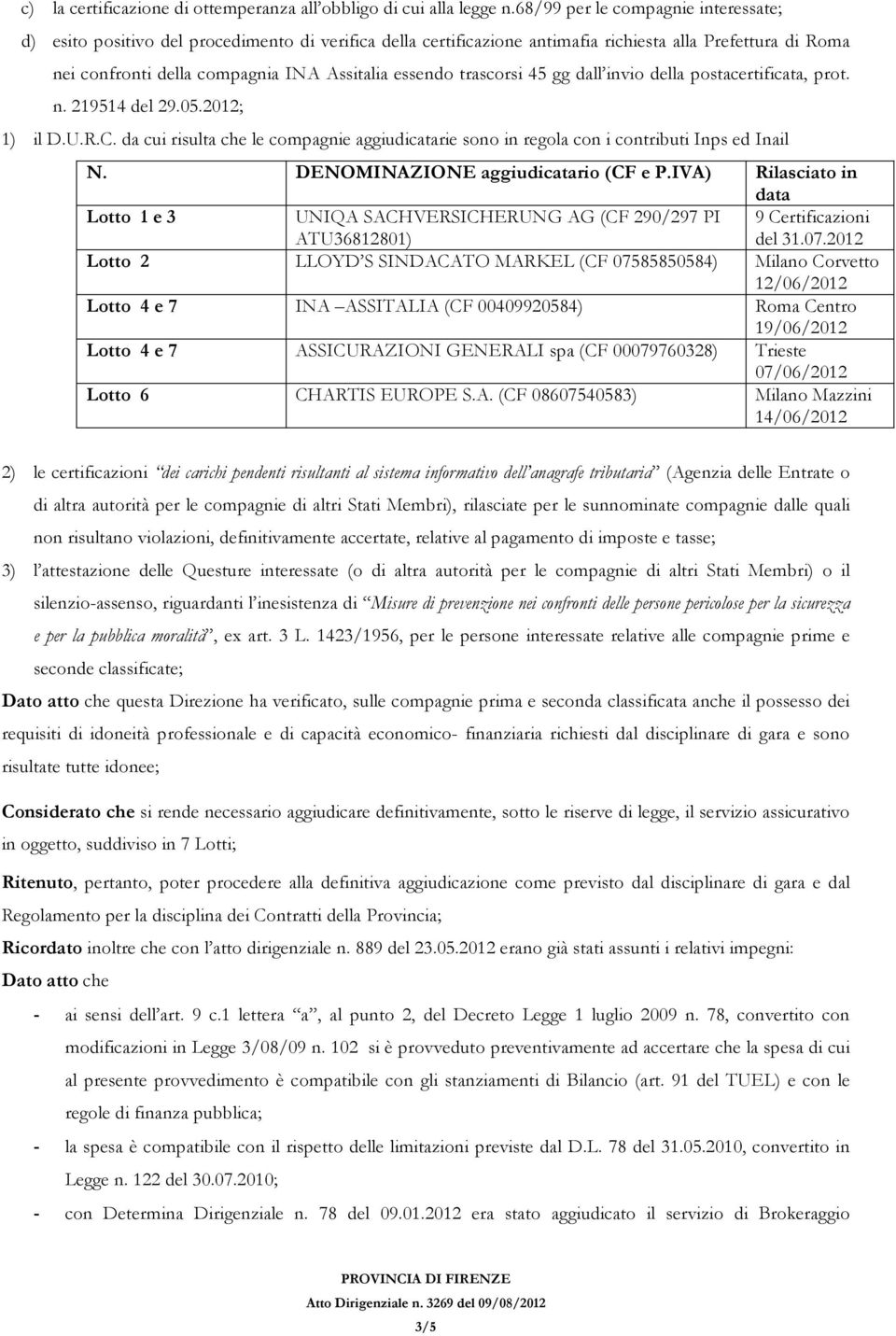 trascorsi 45 gg dall invio della postacertificata, prot. n. 219514 del 29.05.2012; 1) il D.U.R.C. da cui risulta che le compagnie aggiudicatarie sono in regola con i contributi Inps ed Inail N.