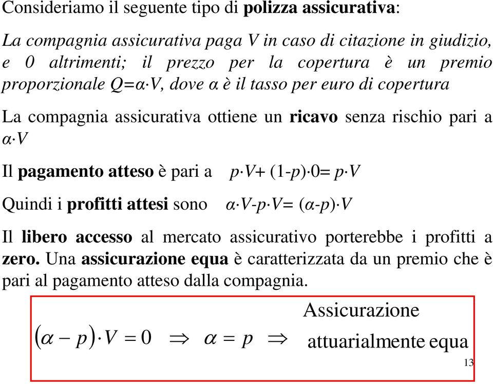 agamento atteo è ari a V+ (1-) 0= V Quindi i rofitti attei ono V- V= ( -) V Il libero acceo al mercato aicurativo orterebbe i rofitti a