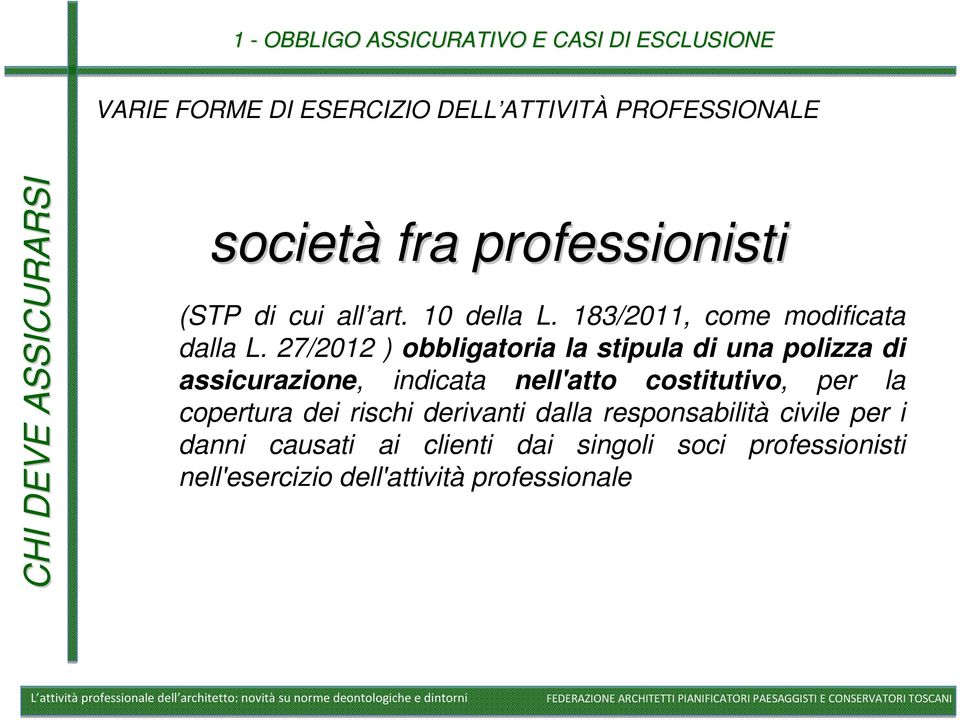 27/2012 ) obbligatoria la stipula di una polizza di assicurazione, indicata nell'atto costitutivo, per la copertura dei