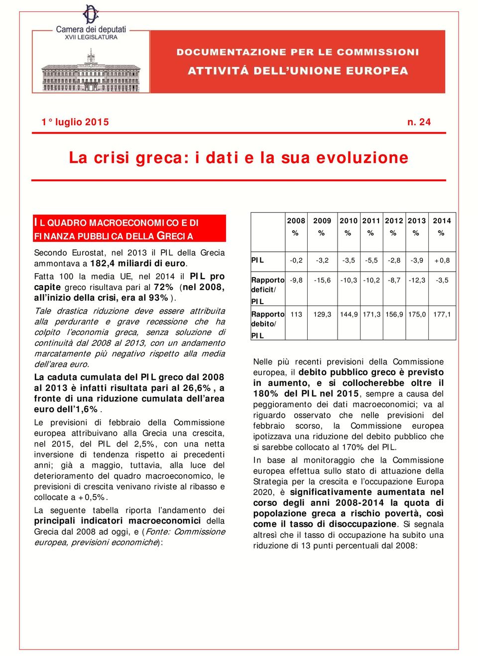 182,4 miliardi di euro. Fatta 100 la media UE, nel 2014 il PIL pro capite greco risultava pari al 72 (nel 2008, all inizio della crisi, era al 93).