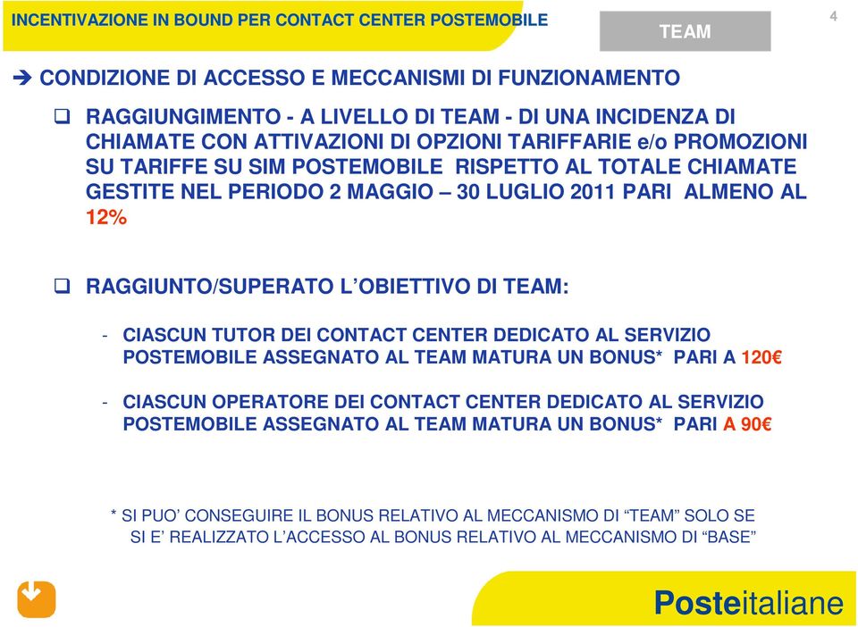 L OBIETTIVO DI TEAM: - CIASCUN TUTOR DEI CONTACT CENTER DEDICATO AL SERVIZIO POSTEMOBILE ASSEGNATO AL TEAM MATURA UN BONUS* PARI A 120 - CIASCUN OPERATORE DEI CONTACT CENTER DEDICATO AL