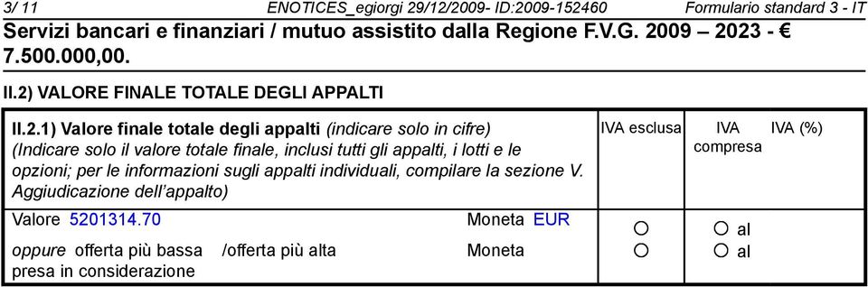 appalti (indicare solo in cifre) (Indicare solo il valore totale finale, inclusi tutti gli appalti, i lotti e le opzioni; per le