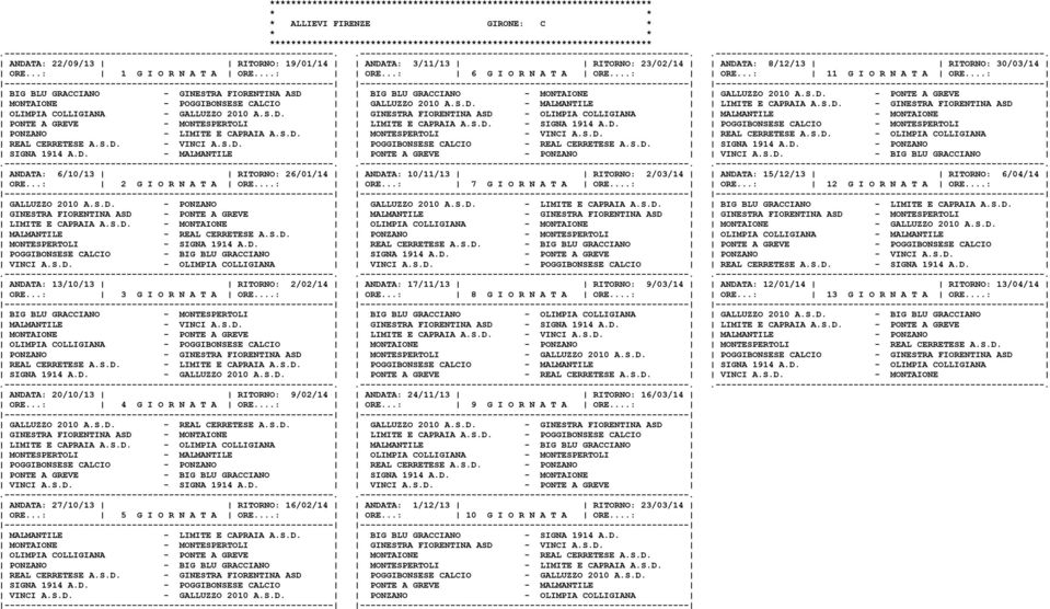 ..: -------------------------------------------------------------- BIG BLU GRACCIANO - GINESTRA FIORENTINA ASD BIG BLU GRACCIANO - MONTAIONE GALLUZZO 2010 A.S.D. - PONTE A GREVE MONTAIONE - POGGIBONSESE CALCIO GALLUZZO 2010 A.